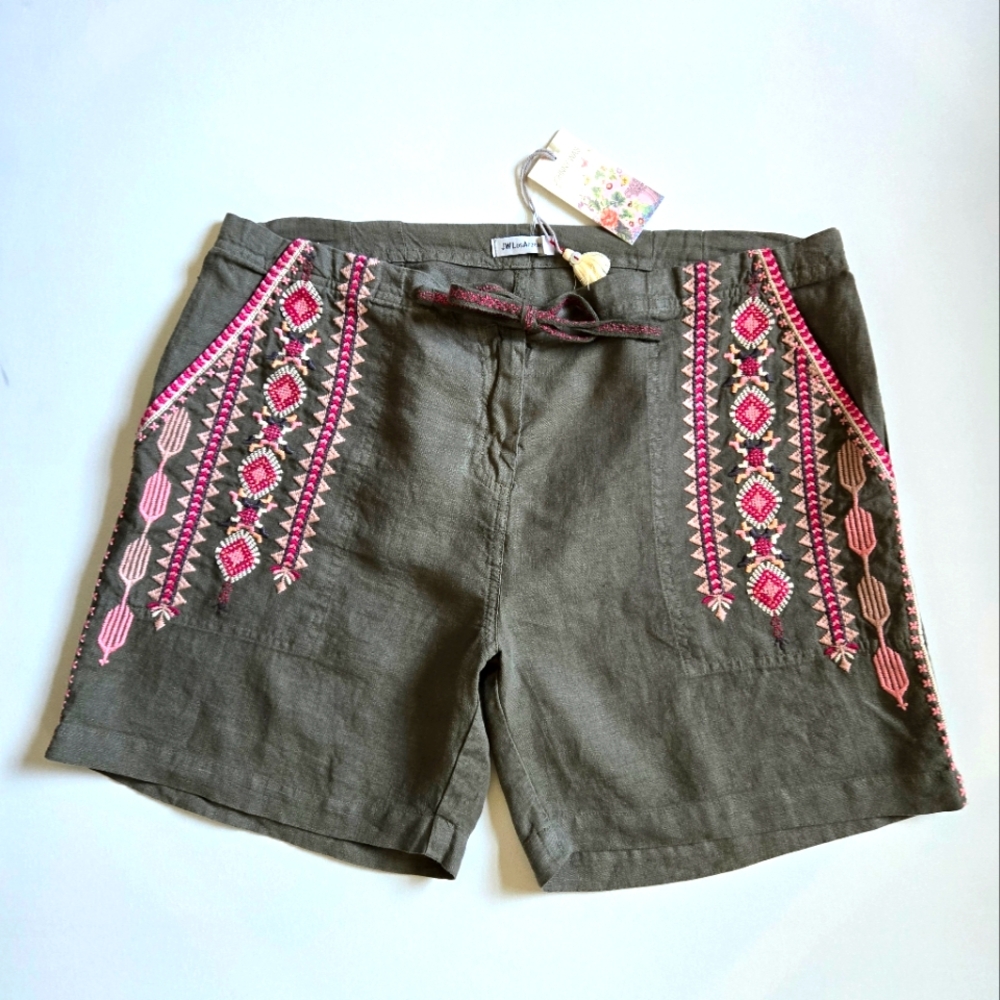 Johnny Was Olive Colored Sabriya Linen Shorts, Size M